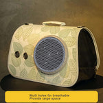 Pet carrier with leaf pattern and breathable design on a dark background