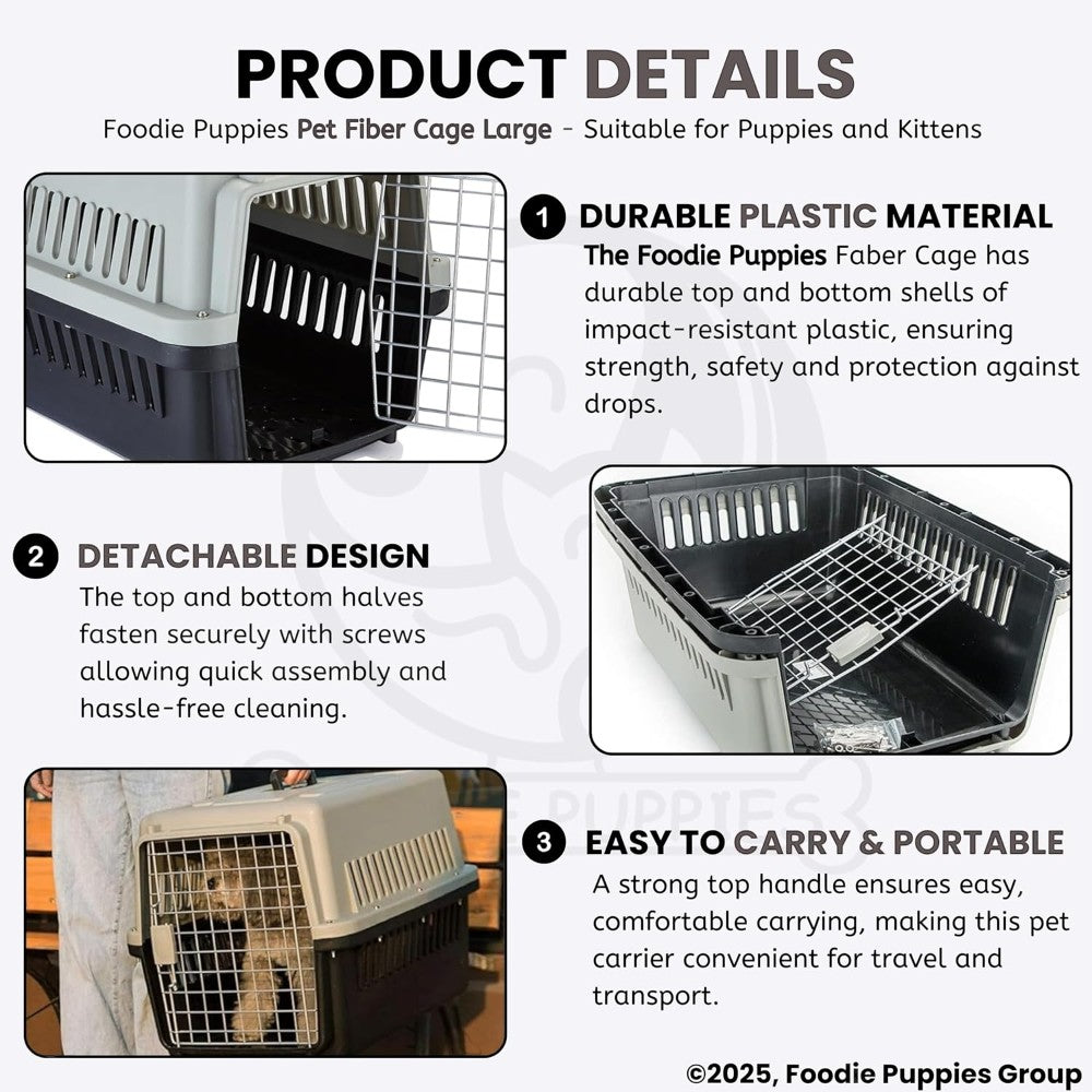 Product details of a Foodie Puppies pet fiber cage large suitable for puppies and kittens, including durable plastic material, detachable design, and easy carrying.