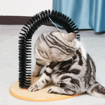 Cat using a self-grooming brush on a light-colored surface with a blue curtain in the background.