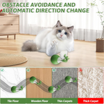 Cat playing with a green toy on a wooden floor, with text about obstacle avoidance and direction change.