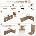 Step-by-step assembly guide for a wooden product with screws and hardware.