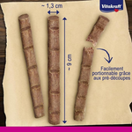 Three wooden chew sticks with measurements and Vitakraft branding on a beige background