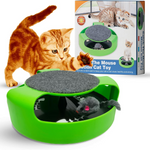Cat toy with green base and gray top, featuring a cat and its packaging.