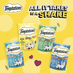 Temptations cat treats packaging with 'All It Takes Is A Shake' text on a yellow background