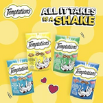 Temptations cat treats packaging on a yellow background with text 'All It Takes Is A Shake'.