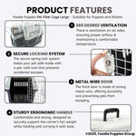 Product features of a pet fiber cage for puppies and kittens, including ventilation, locking system, metal wire door, and ergonomic handle.