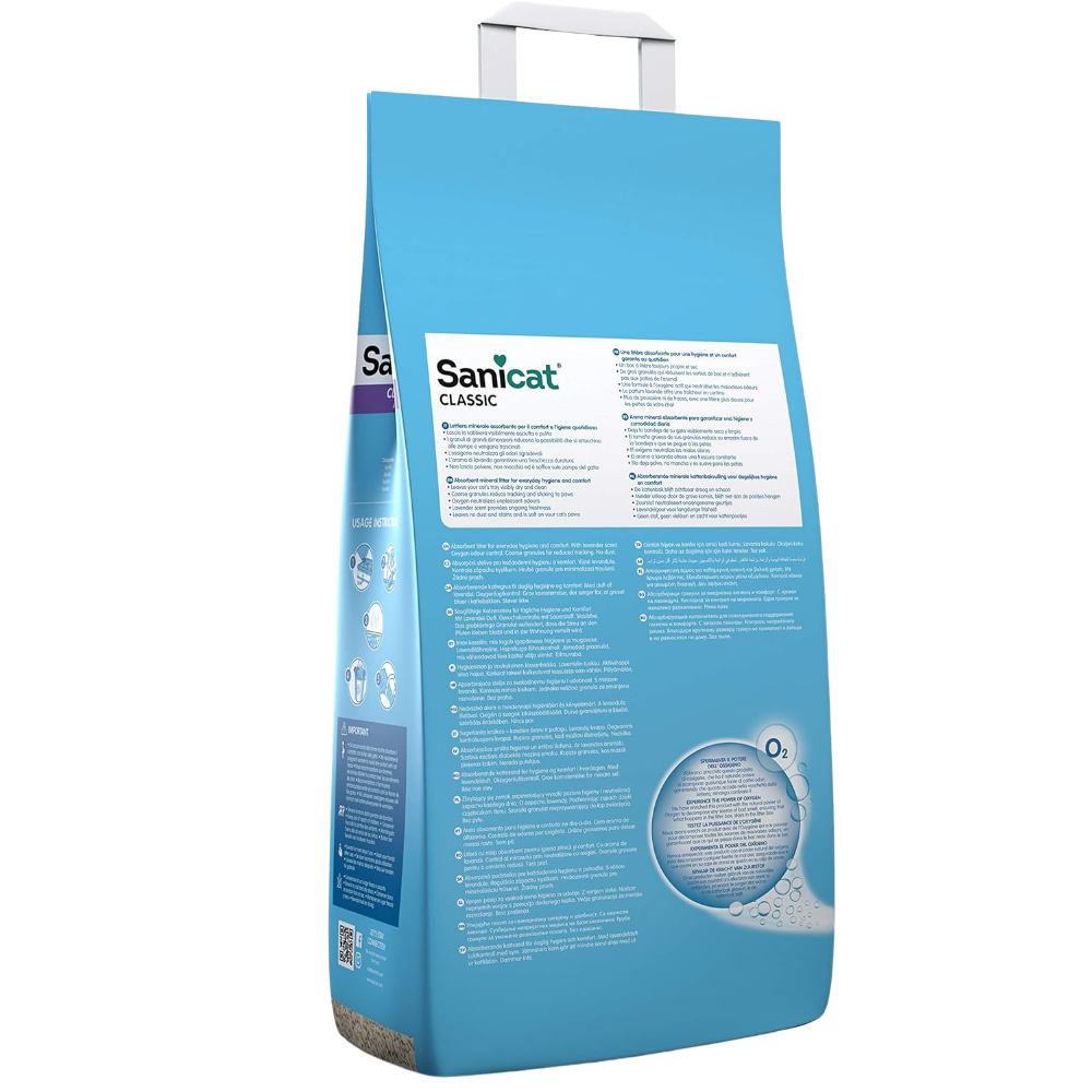 Blue bag of Sanicat Classic cat litter with text and branding on a white background