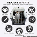 Pet fiber cage with a cat inside, surrounded by icons and text highlighting product benefits.
