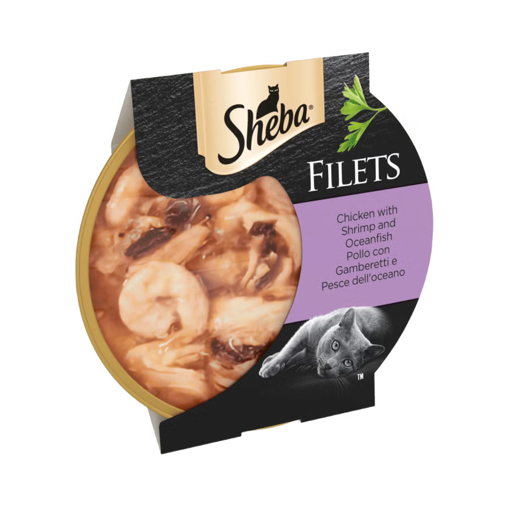 Sheba Filets cat food packaging with chicken, shrimp, and ocean fish on a white background