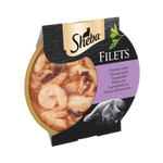 Sheba Filets cat food packaging with chicken, shrimp, and ocean fish on a white background