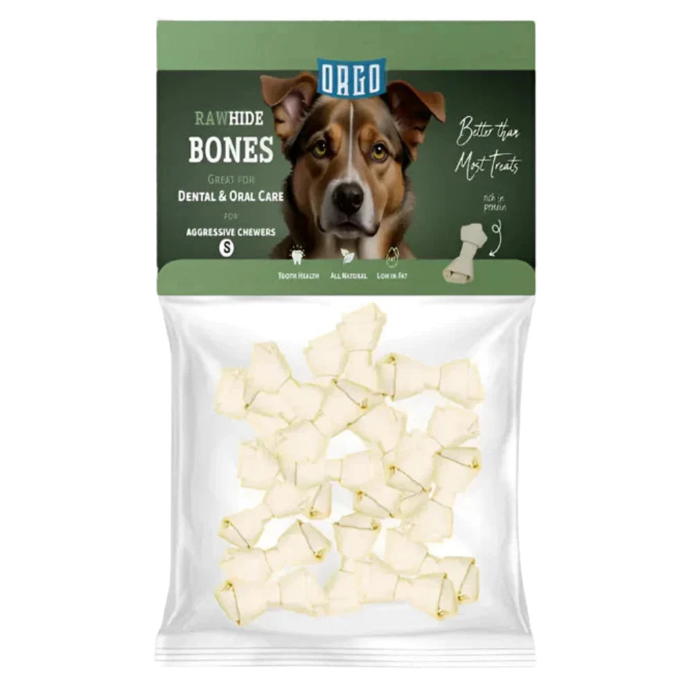Package of dog rawhide bones with a dog's face on the label