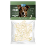 Package of dog rawhide bones with a dog's face on the label