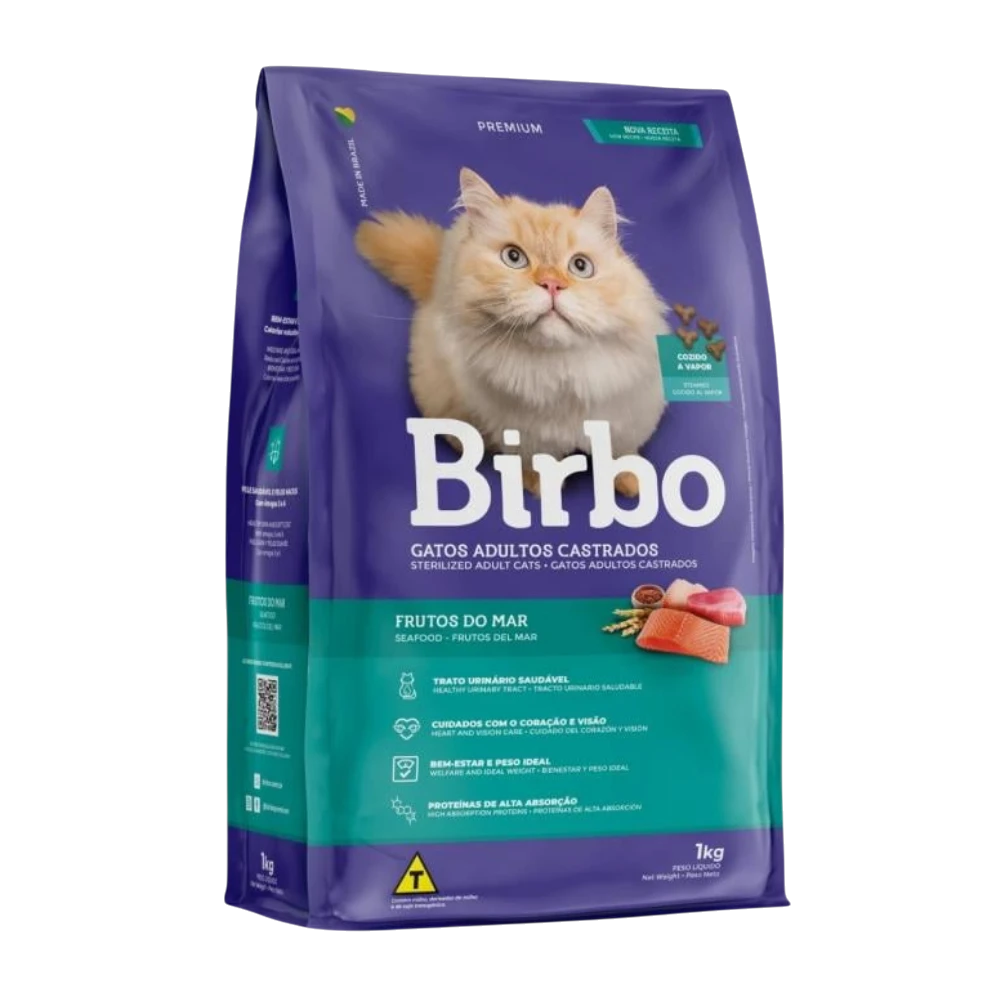 Purple bag of Birbo cat food for sterilized cats with a cat on the label