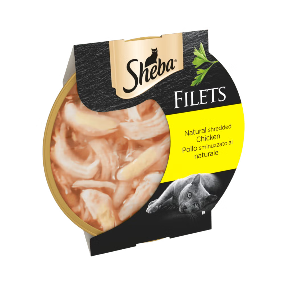 Sheba Filets natural shredded chicken cat food packaging on a white background