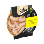 Sheba Filets natural shredded chicken cat food packaging on a white background