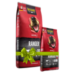 Two packages of Bricano dog food with a green bow on a white background