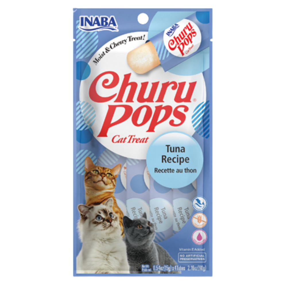 Package of INABA Churu Pops Tuna Recipe cat treats on a white background