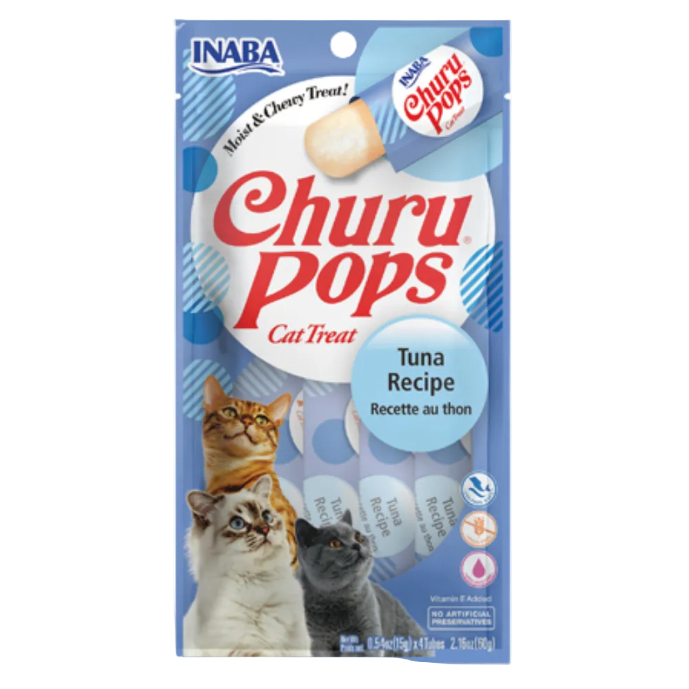 Package of INABA Churu Pops Tuna Recipe cat treats on a white background