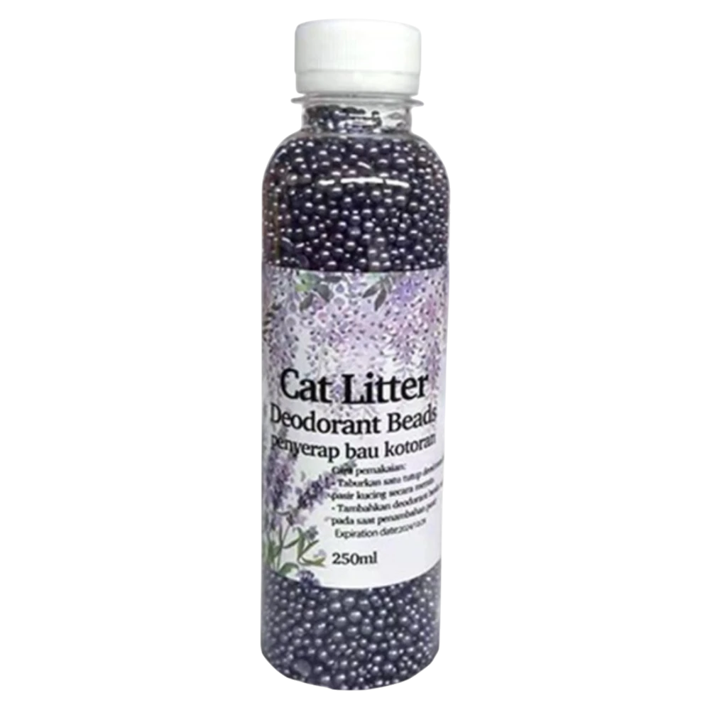 Bottle of cat litter deodorant beads with a white cap on a white background