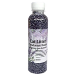 Bottle of cat litter deodorant beads with a white cap on a white background