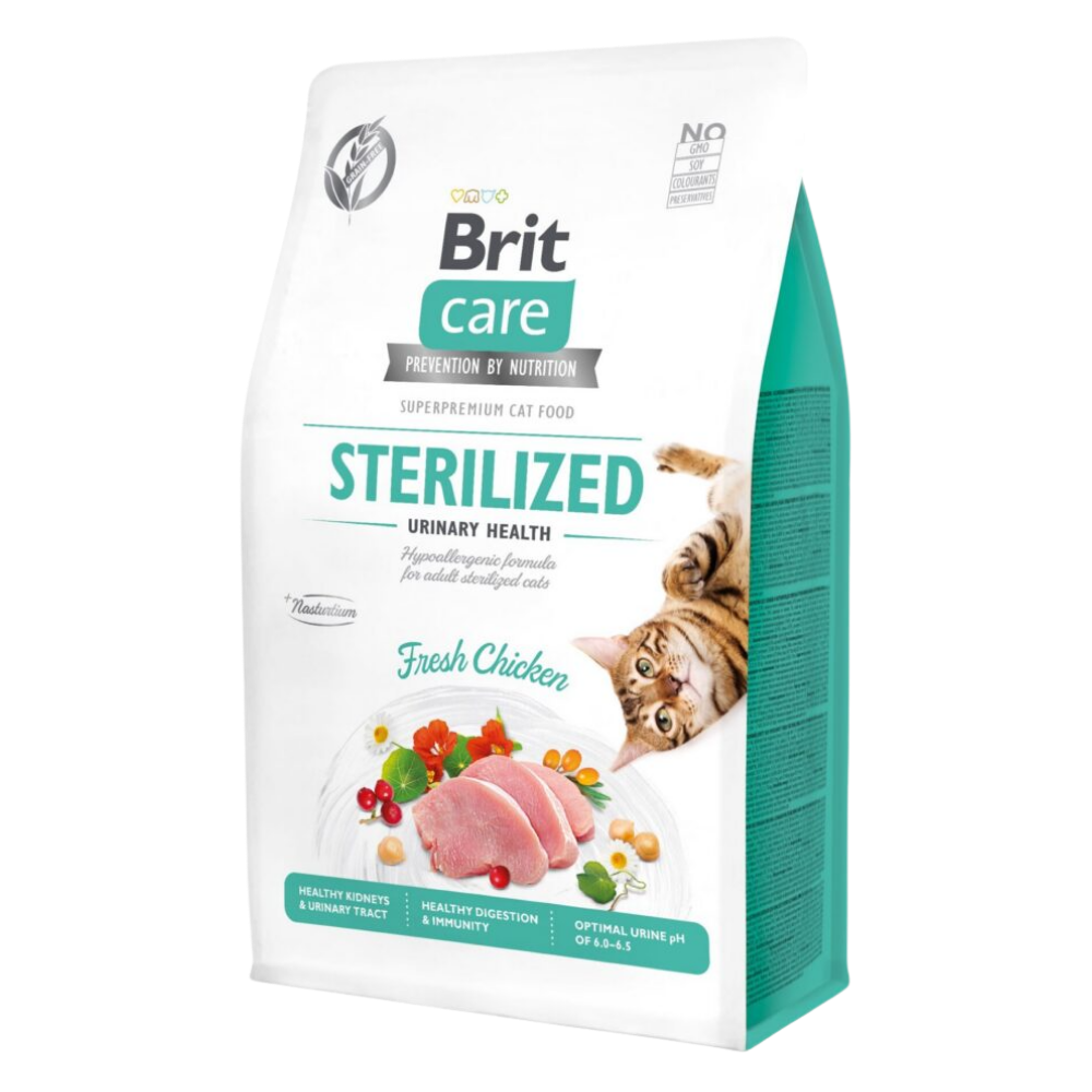 Bag of Brit Care cat food for sterilized cats with chicken flavor on a white background