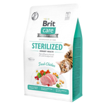 Bag of Brit Care cat food for sterilized cats with chicken flavor on a white background