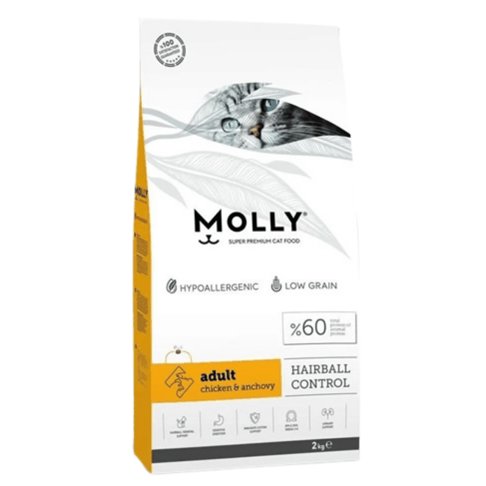 Molly cat food package with a cat's face on the packaging