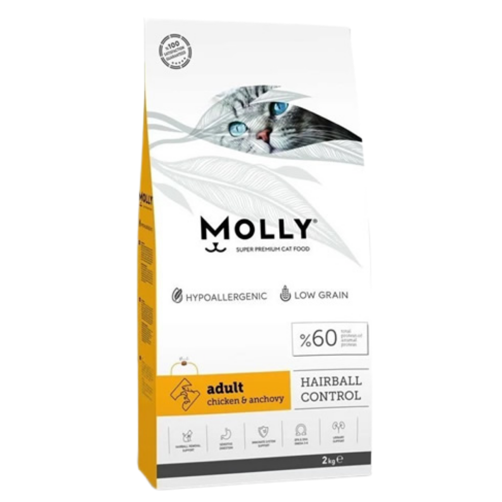 Molly cat food package with a cat's face on the packaging