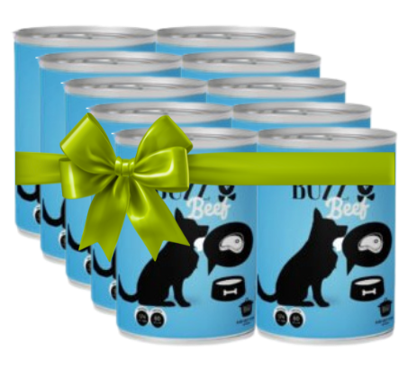 Set of canned cat food with a green bow on a white background