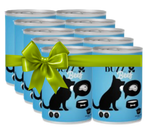 Set of canned cat food with a green bow on a white background