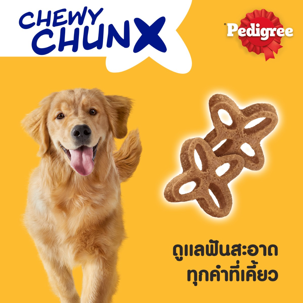 Dog with Chewy Chunx and Pedigree logo on a yellow background