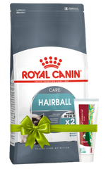 Royal Canin Hairball care cat food package with a green bow on a white background