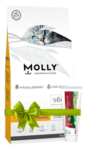 Molly cat food package with a green bow on a white background