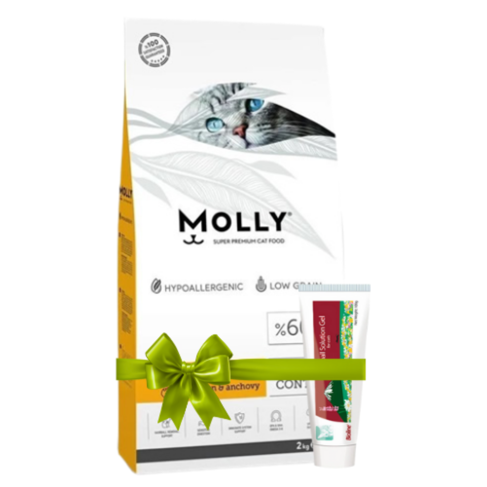 Molly cat food package with a green bow on a white background