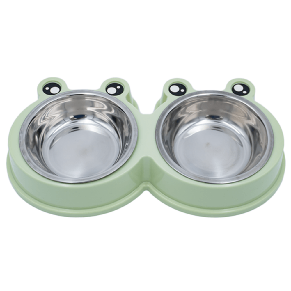Double stainless steel pet bowl with green plastic holder on a white background