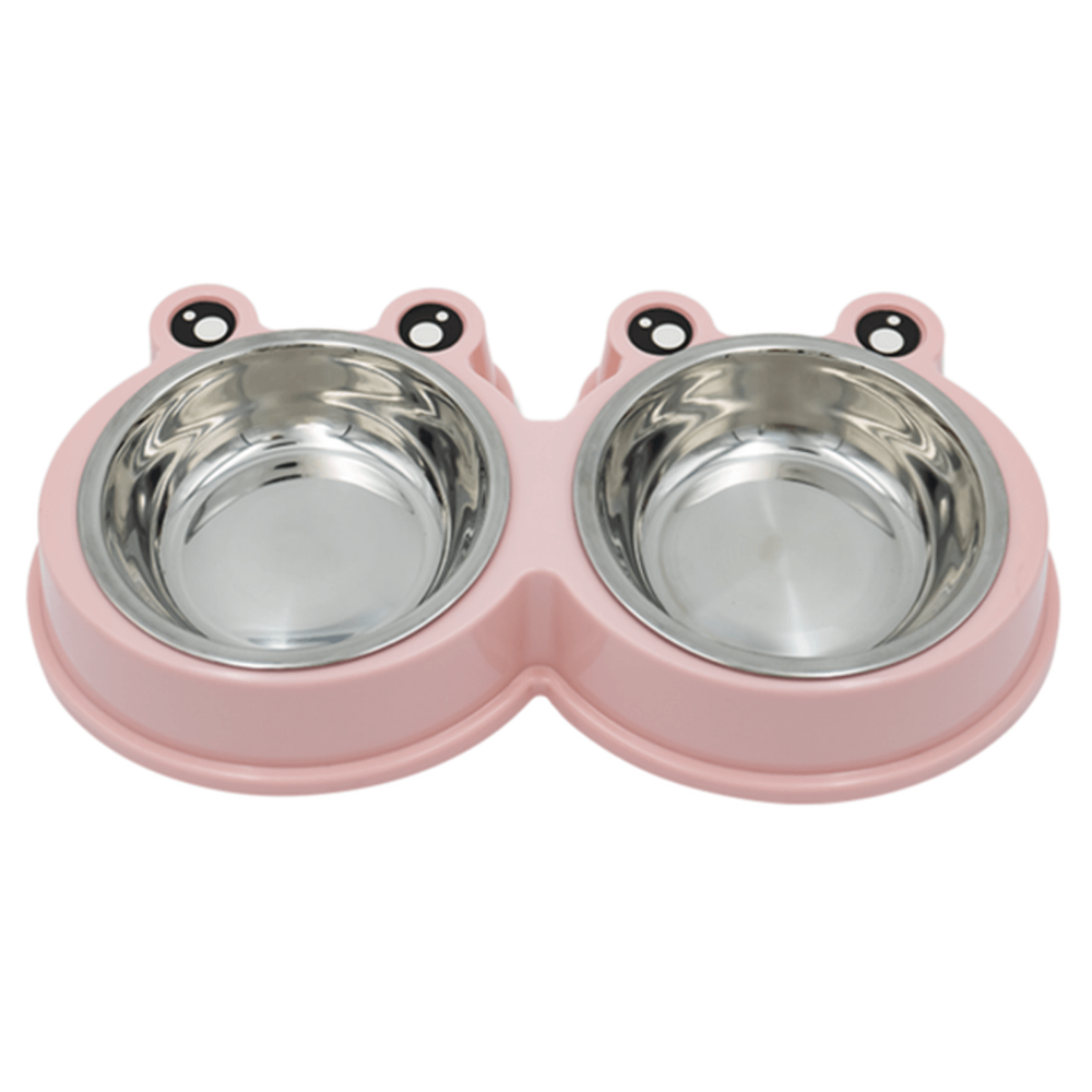 Pink double pet bowl feeder with stainless steel bowls on a white background