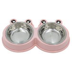Pink double pet bowl feeder with stainless steel bowls on a white background