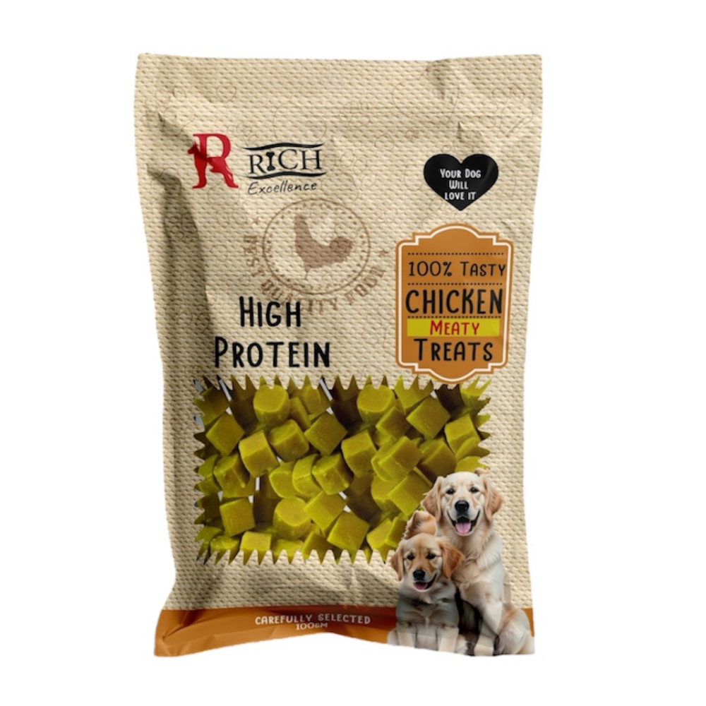 Package of Rich High Protein Chicken Meaty Treats for dogs on a white background