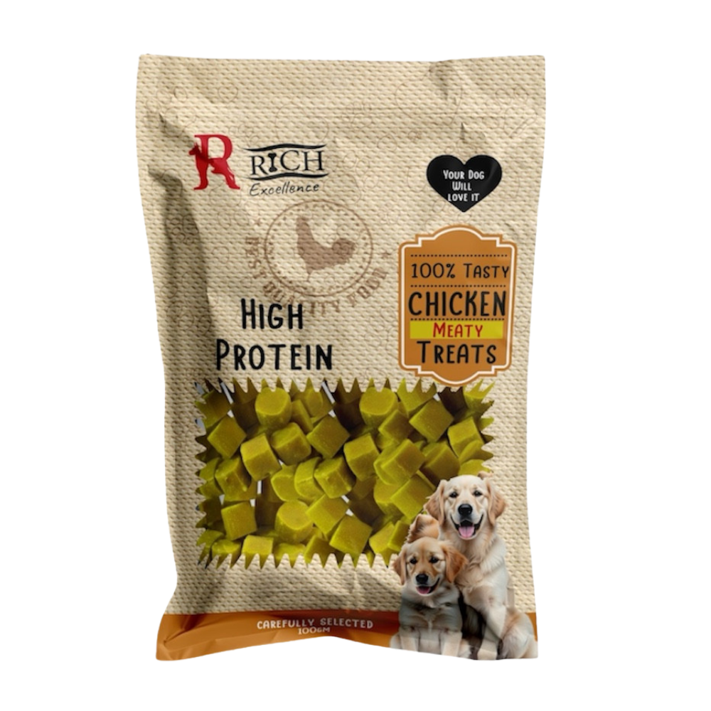 Package of Rich High Protein Chicken Meaty Treats for dogs on a white background