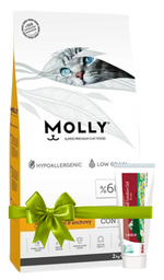Molly cat food package with a green bow on a white background