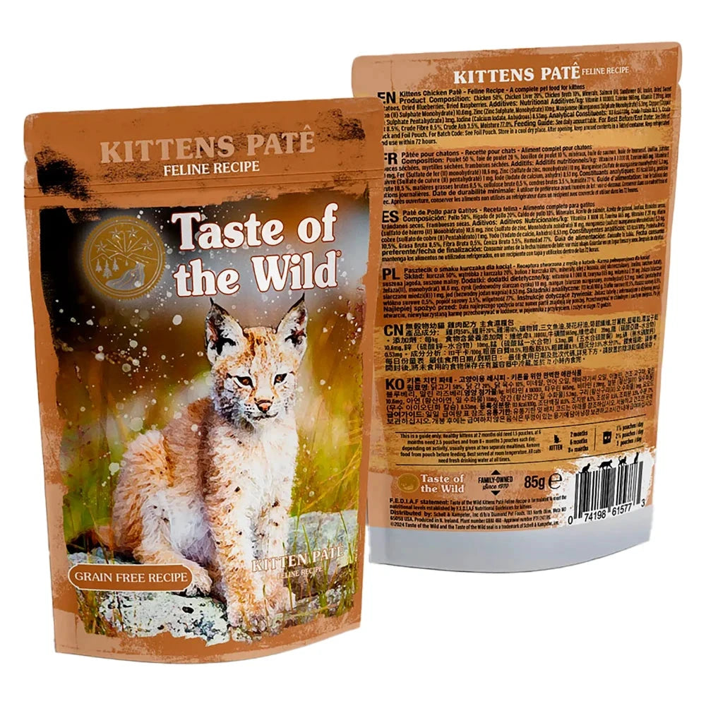 Taste of the Wild Kittens Pate cat food package with a lynx on the front.