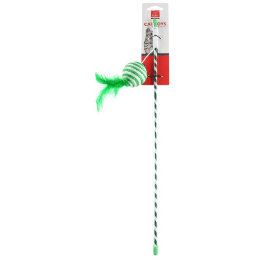 Cat toy with green feather and ball on a white background