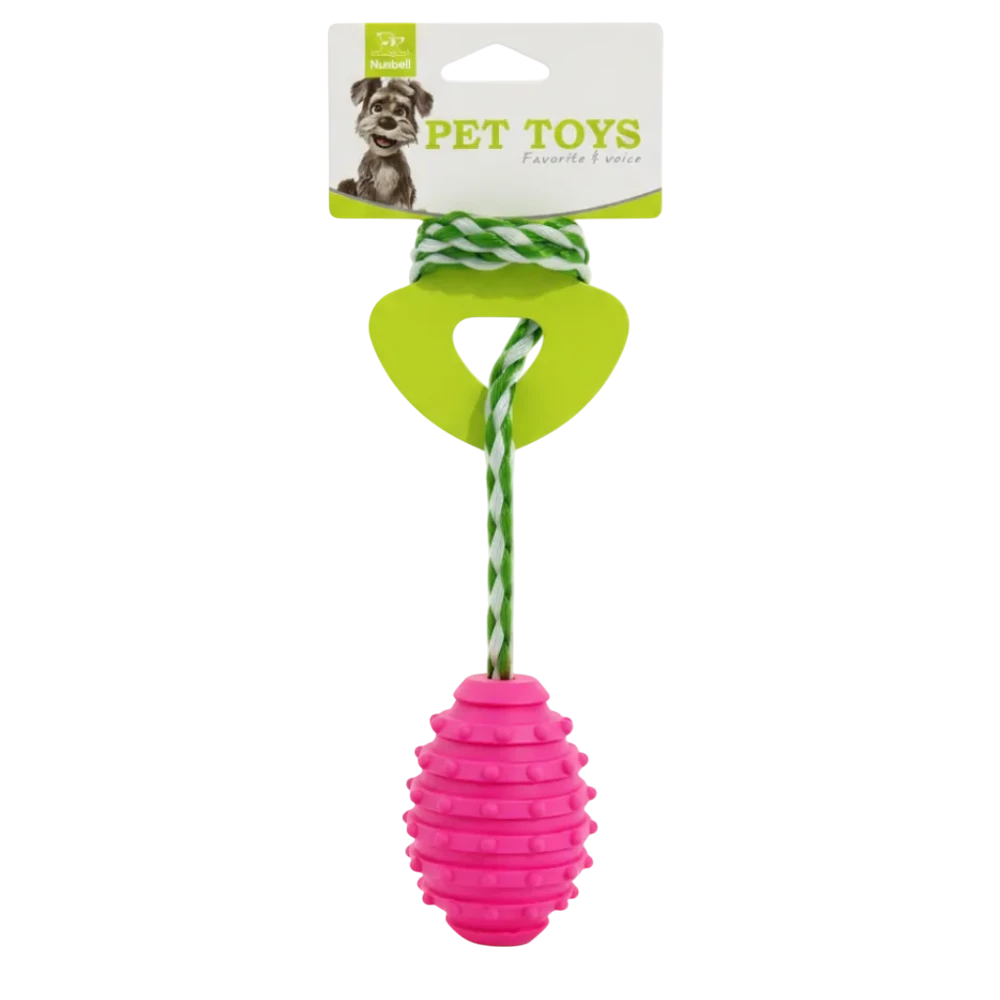Pink pet toy with a green handle and white packaging on a white background