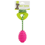 Pink pet toy with a green handle and white packaging on a white background