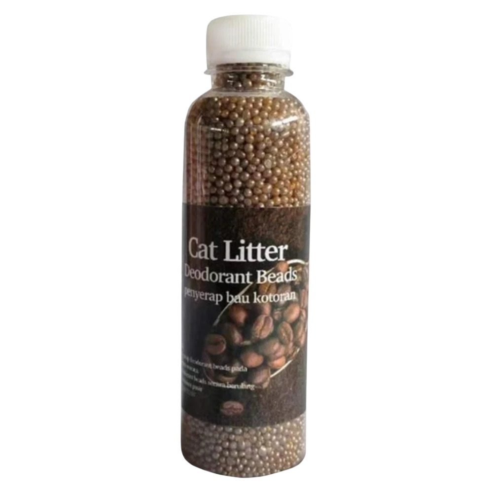 Bottle of cat litter deodorant beads on a white background