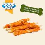 Dog treats with 'Good Boy' branding and text about natural chicken breast meat on a beige background.