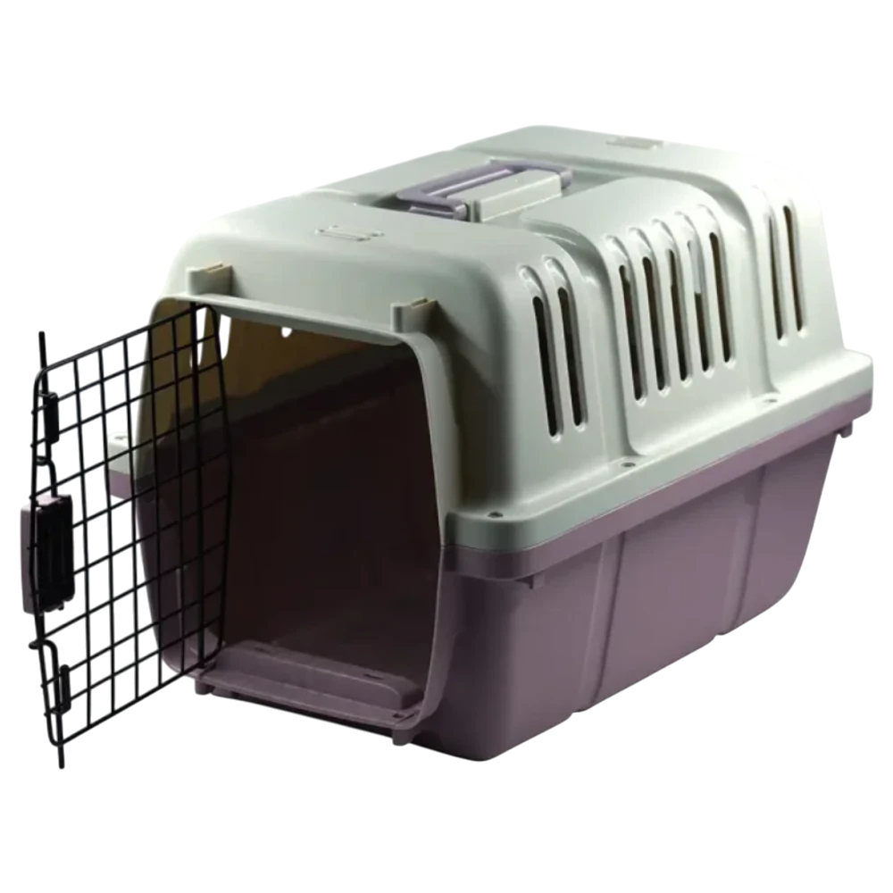 Pet carrier with open door on a white background