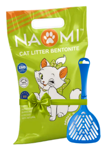 Naomi cat litter packaging with a blue scoop on a white background