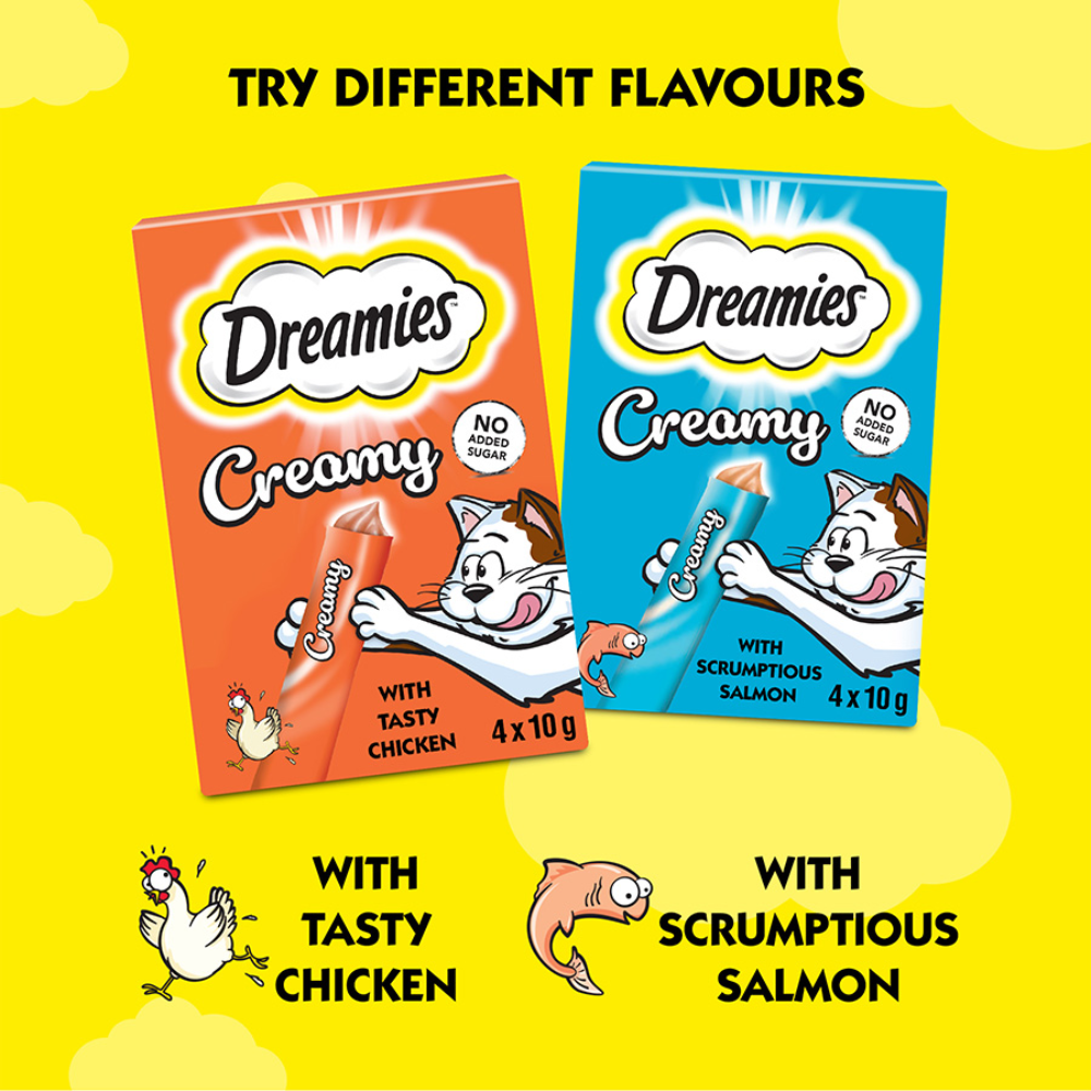 Two Dreamies cat food packages on a yellow background with text 'Try Different Flavours'.