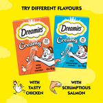 Two Dreamies cat food packages on a yellow background with text 'Try Different Flavours'.